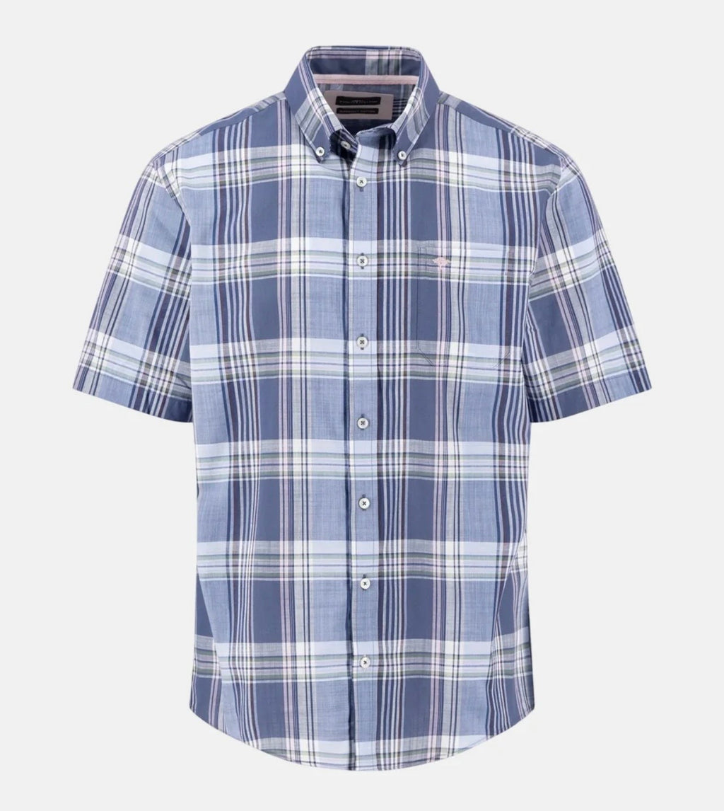 Fynch-Hatton Slub Check Button Down Short Sleeved Shirt Horizon Blue