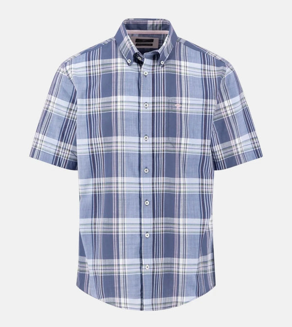 Fynch-Hatton Slub Check Button Down Short Sleeved Shirt Horizon Blue