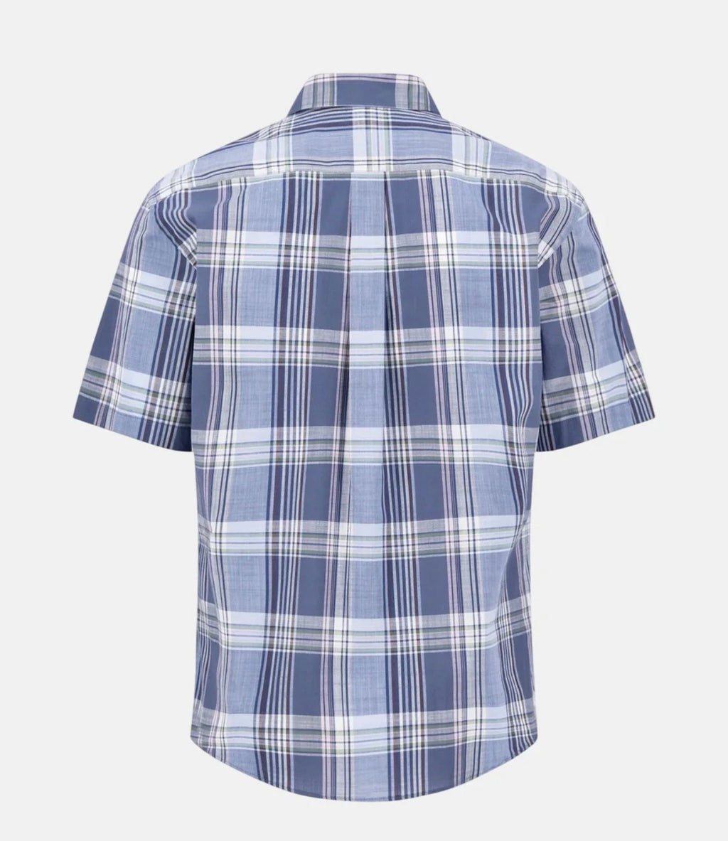 Fynch-Hatton Slub Check Button Down Short Sleeved Shirt Horizon Blue
