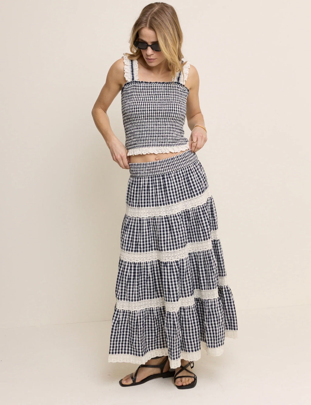 Nobody's Child Navy Gingham Shirred Tiered Leonor Maxi Skirt