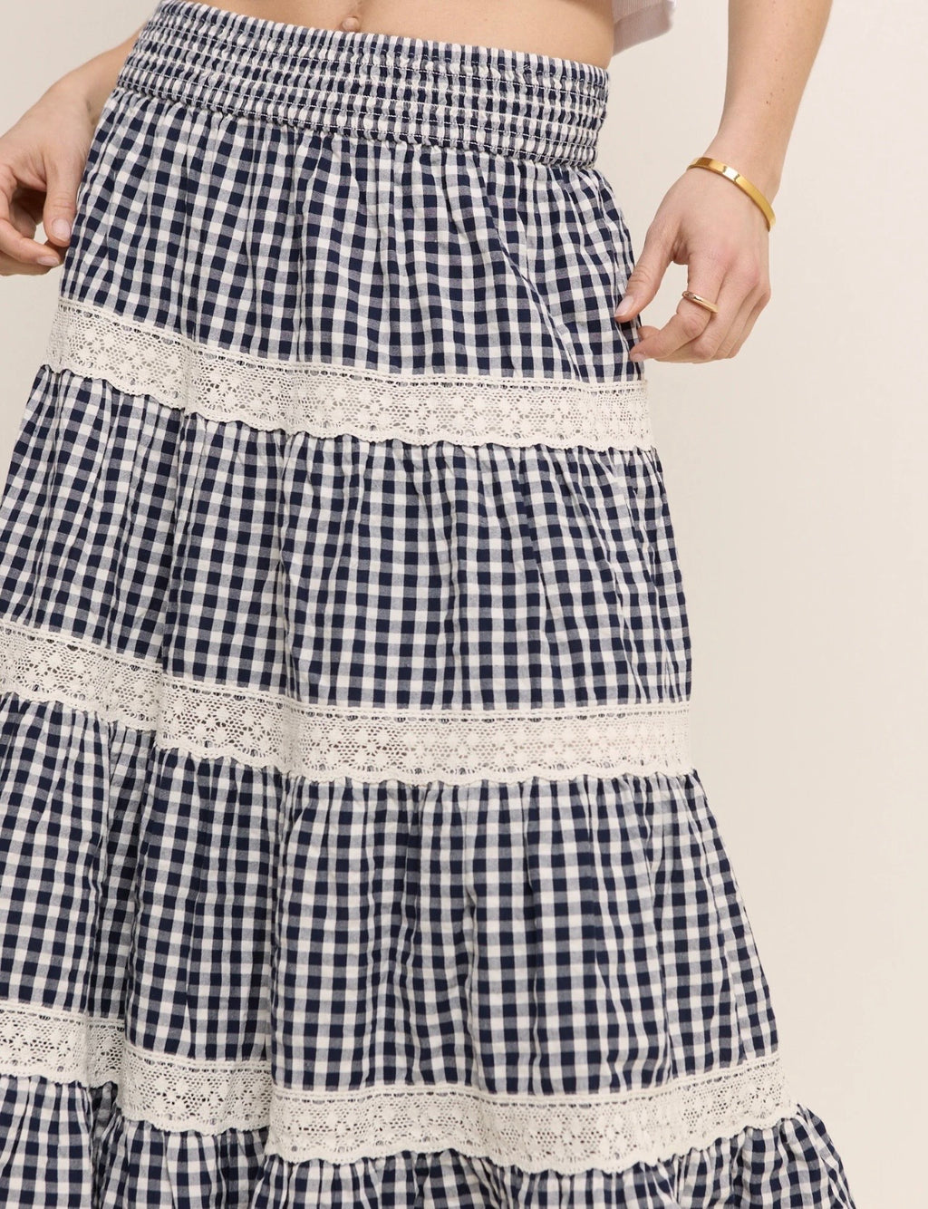 Nobody's Child Navy Gingham Shirred Tiered Leonor Maxi Skirt