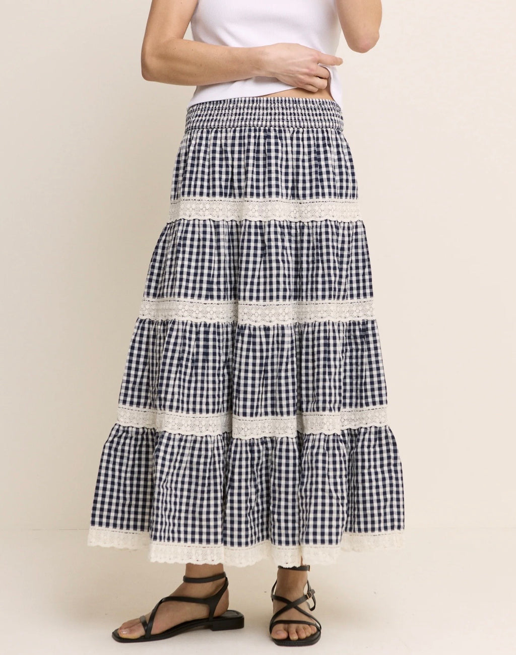 Nobody's Child Navy Gingham Shirred Tiered Leonor Maxi Skirt