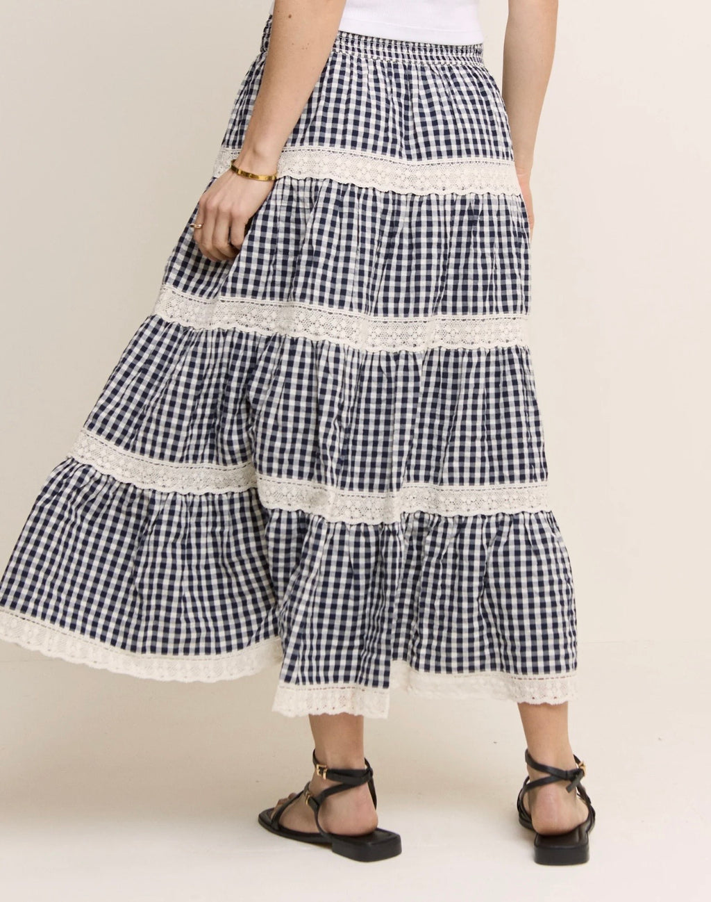 Nobody's Child Navy Gingham Shirred Tiered Leonor Maxi Skirt