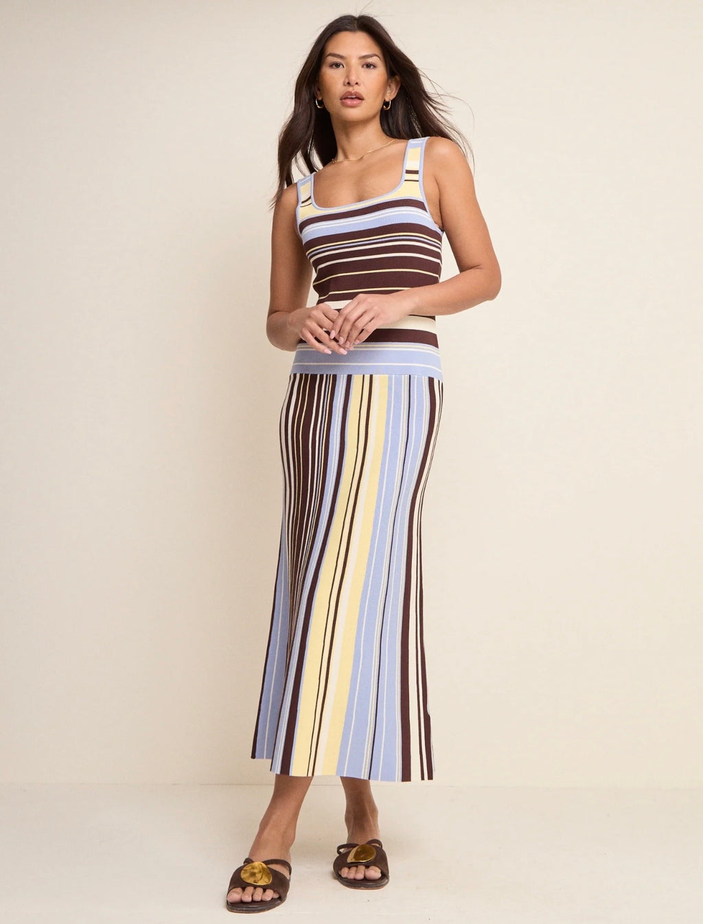 Nobody's Child Brown and Blue Striped Drop Waist Knit Dress