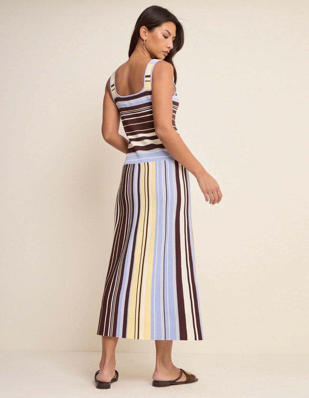 Nobody's Child Brown and Blue Striped Drop Waist Knit Dress