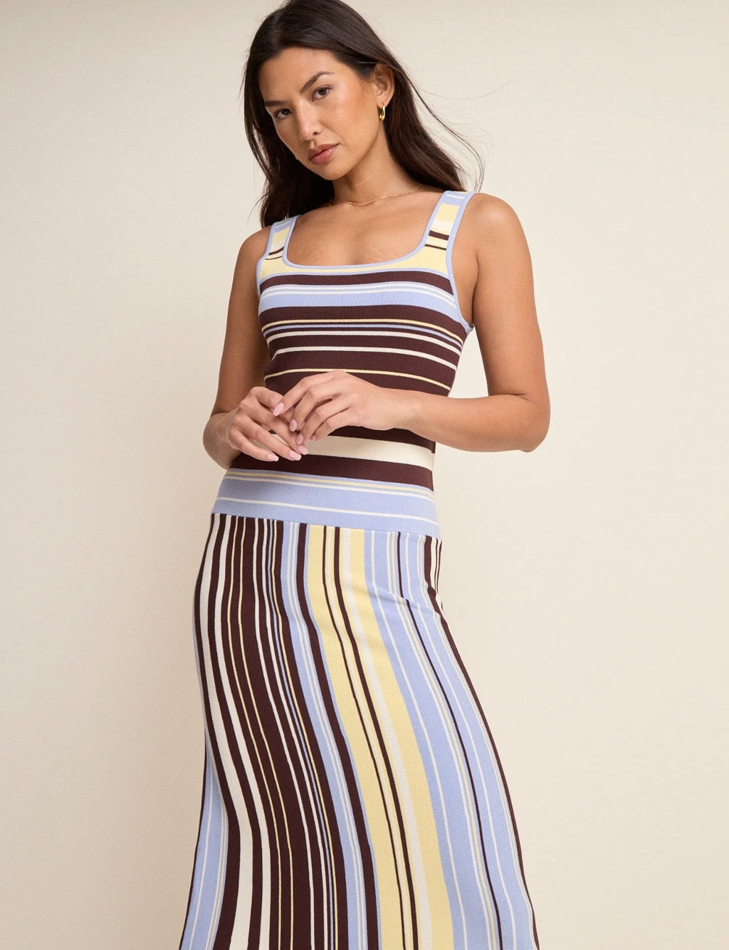 Nobody's Child Brown and Blue Striped Drop Waist Knit Dress