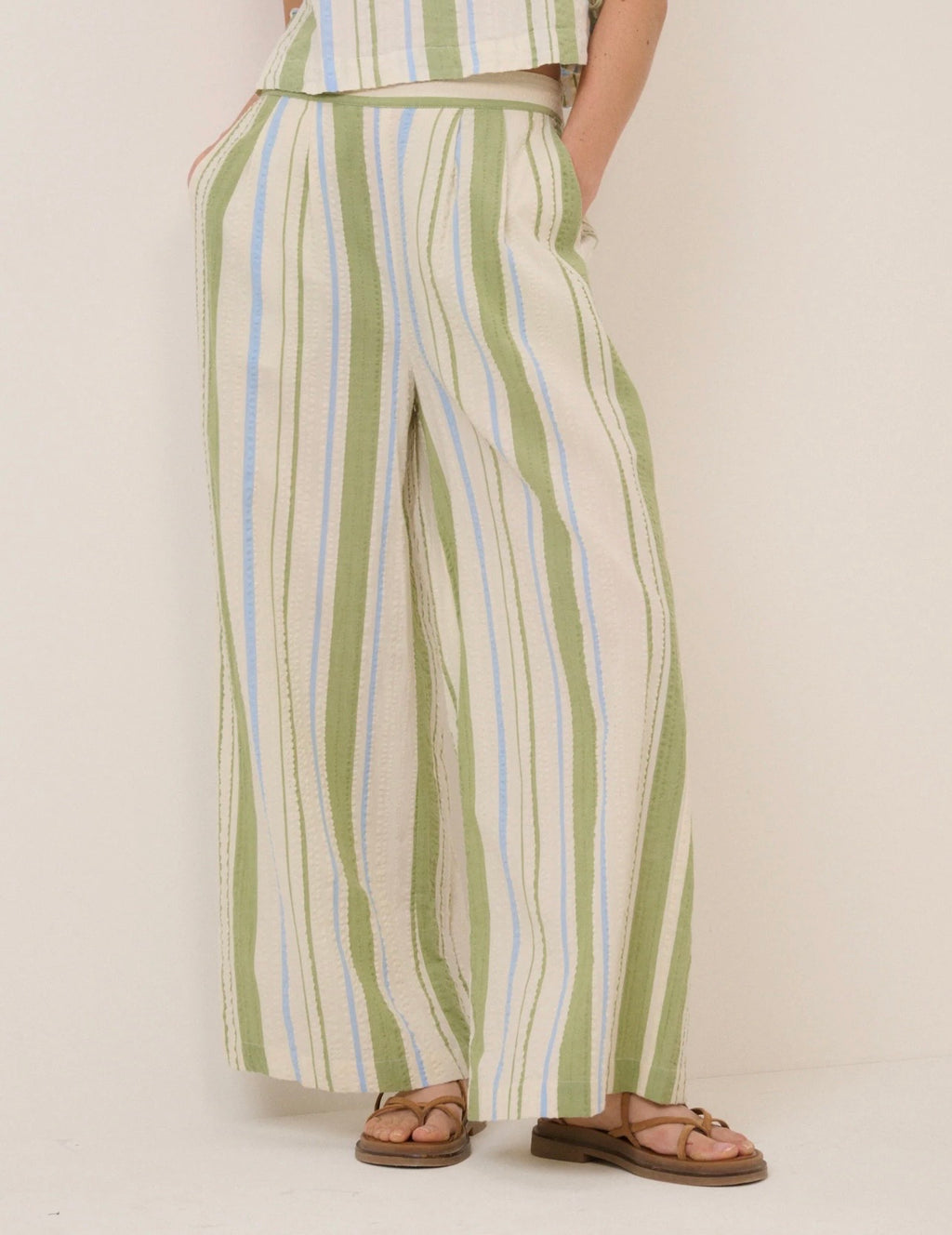 Nobody's Child Petite Green and Blue Striped Wide Leg Parker Trousers