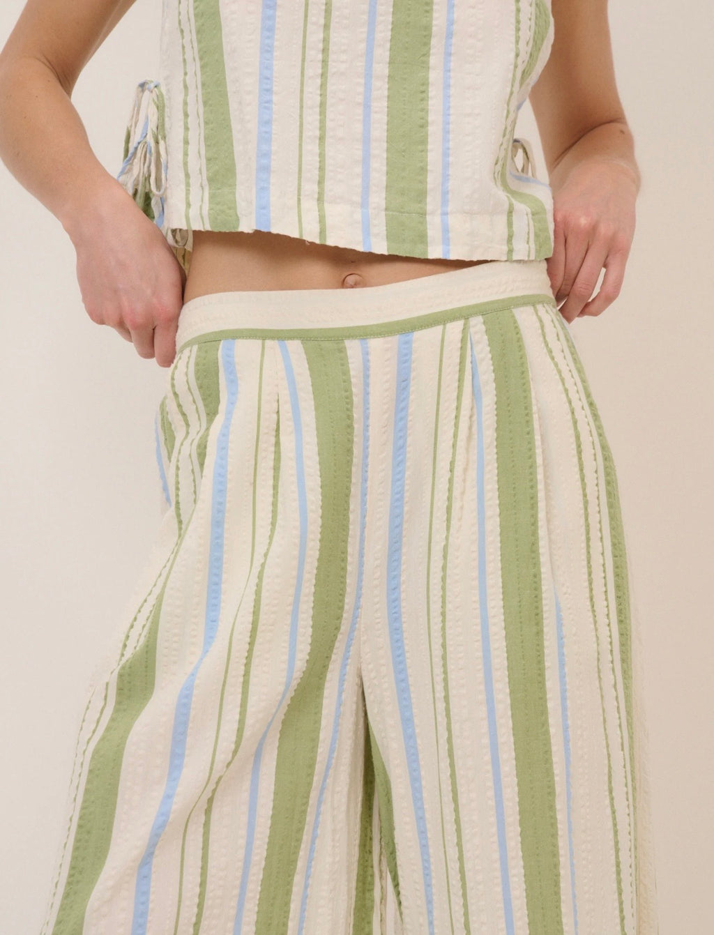 Nobody's Child Petite Green and Blue Striped Wide Leg Parker Trousers