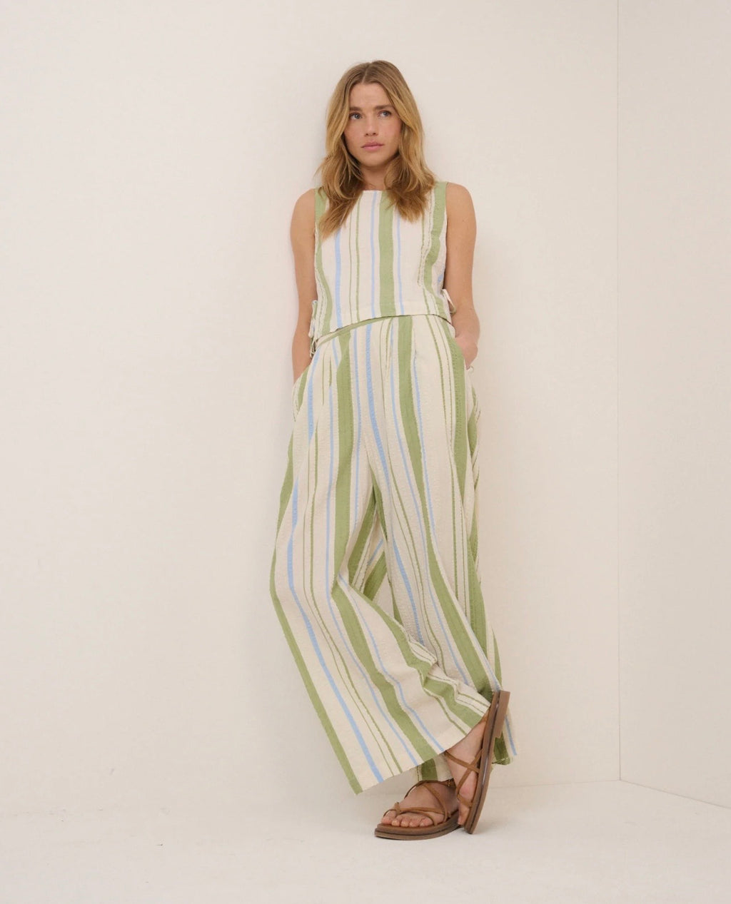 Nobody's Child Petite Green and Blue Striped Wide Leg Parker Trousers