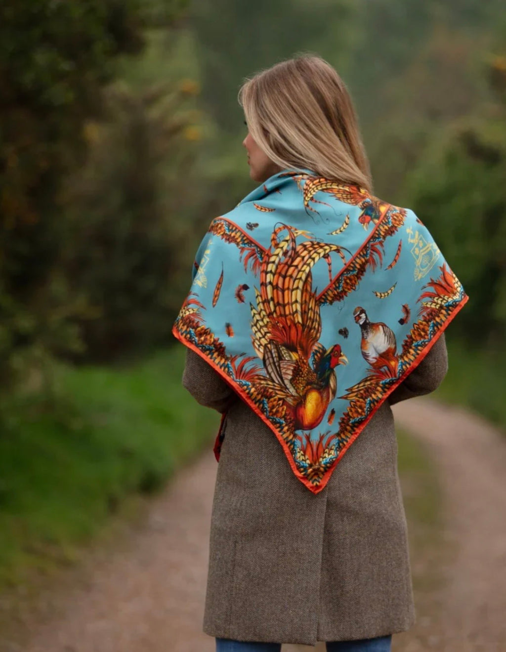 Clare Haggas Heads or Tails Duck Egg Blue and Rust Large Square Pure Silk Scarf