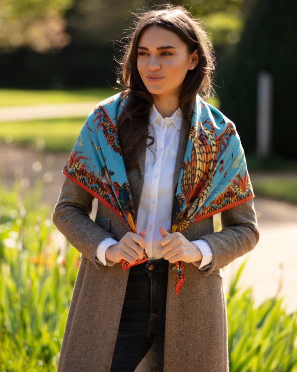 Clare Haggas Heads or Tails Duck Egg Blue and Rust Large Square Pure Silk Scarf