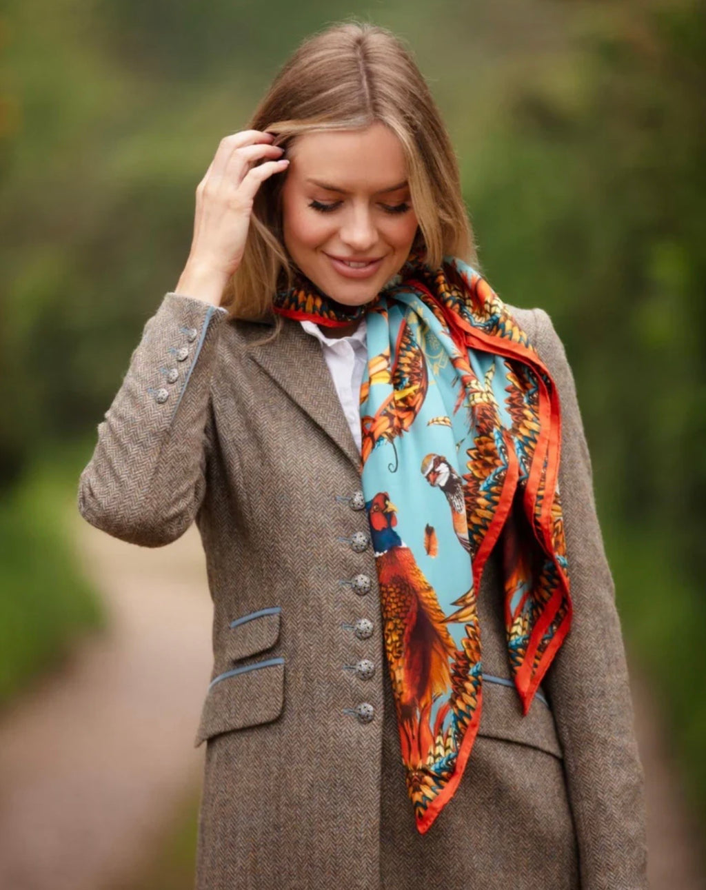 Clare Haggas Heads or Tails Duck Egg Blue and Rust Large Square Pure Silk Scarf