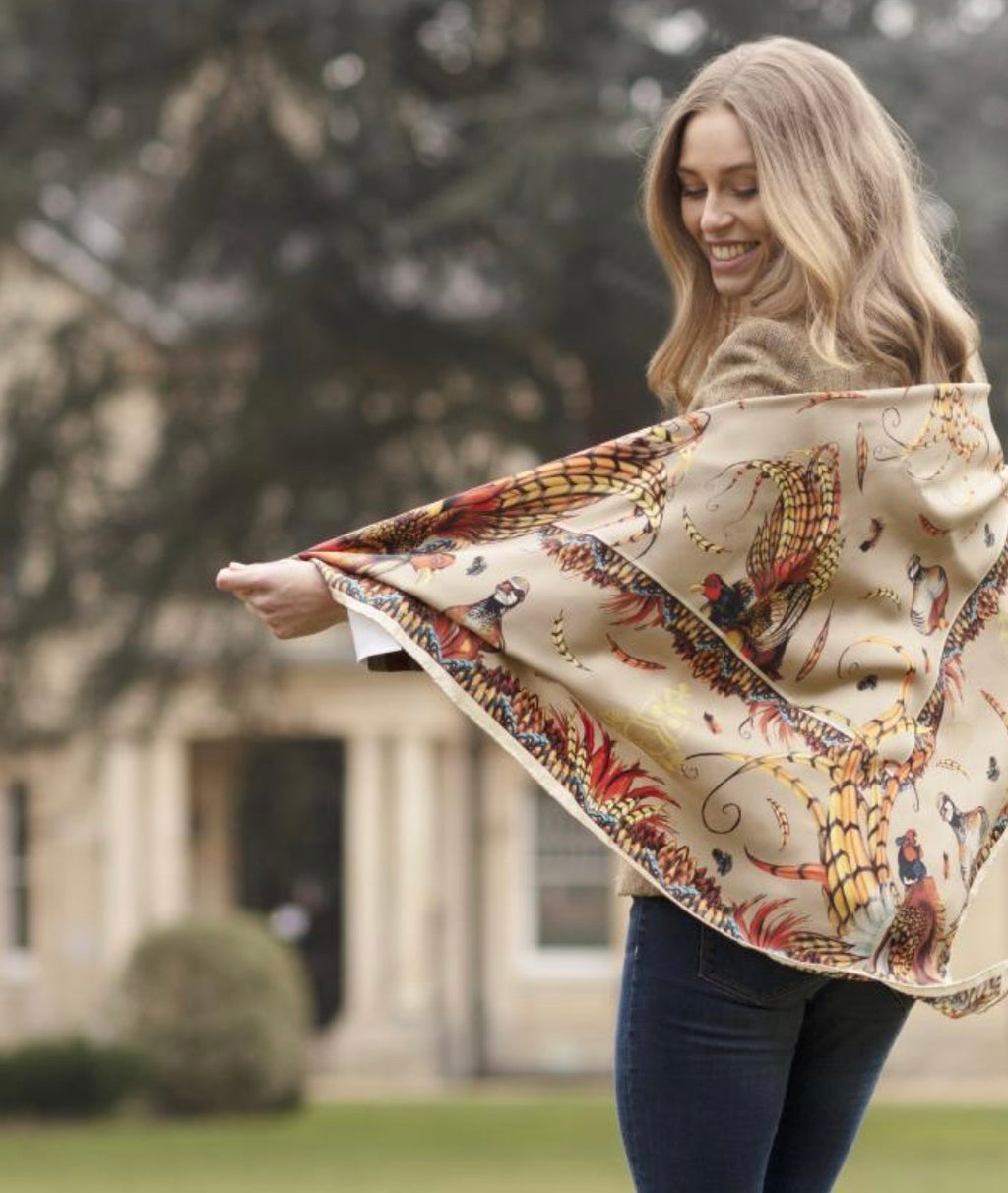 Clare Haggas Silk Scarf - Heads or Tails - Large Square toffee
