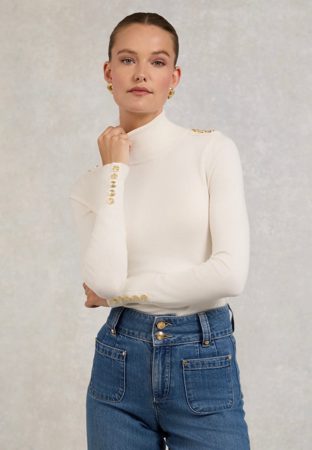 Holland Cooper Buttoned Knit Roll Neck cream