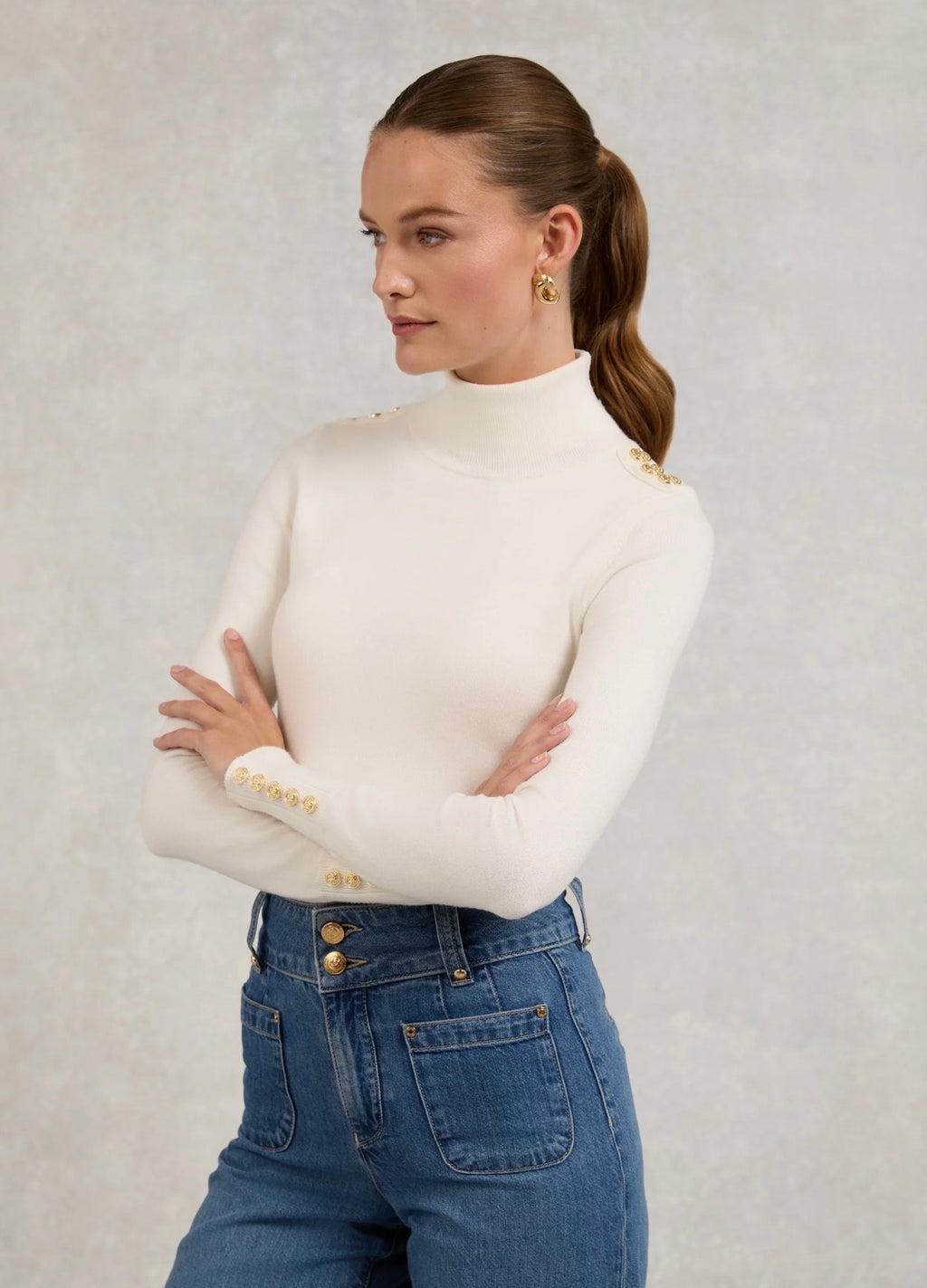 Holland Cooper Buttoned Knit Roll Neck cream