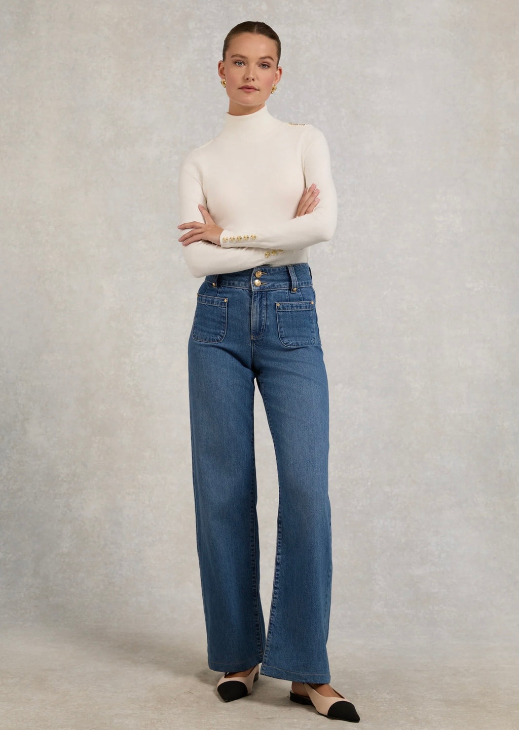 Holland Cooper Buttoned Knit Roll Neck cream
