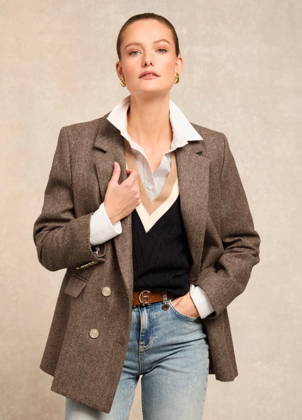 Holland Cooper Double Breasted Blazer Large Scale Brown Herringbone