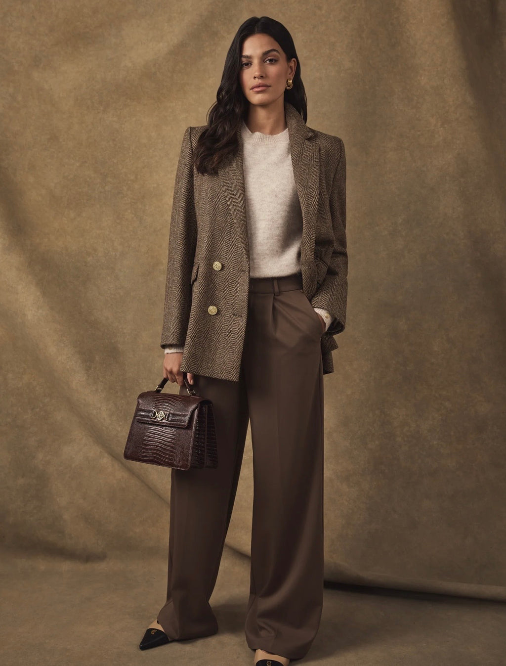 Holland Cooper Double Breasted Blazer Large Scale Brown Herringbone
