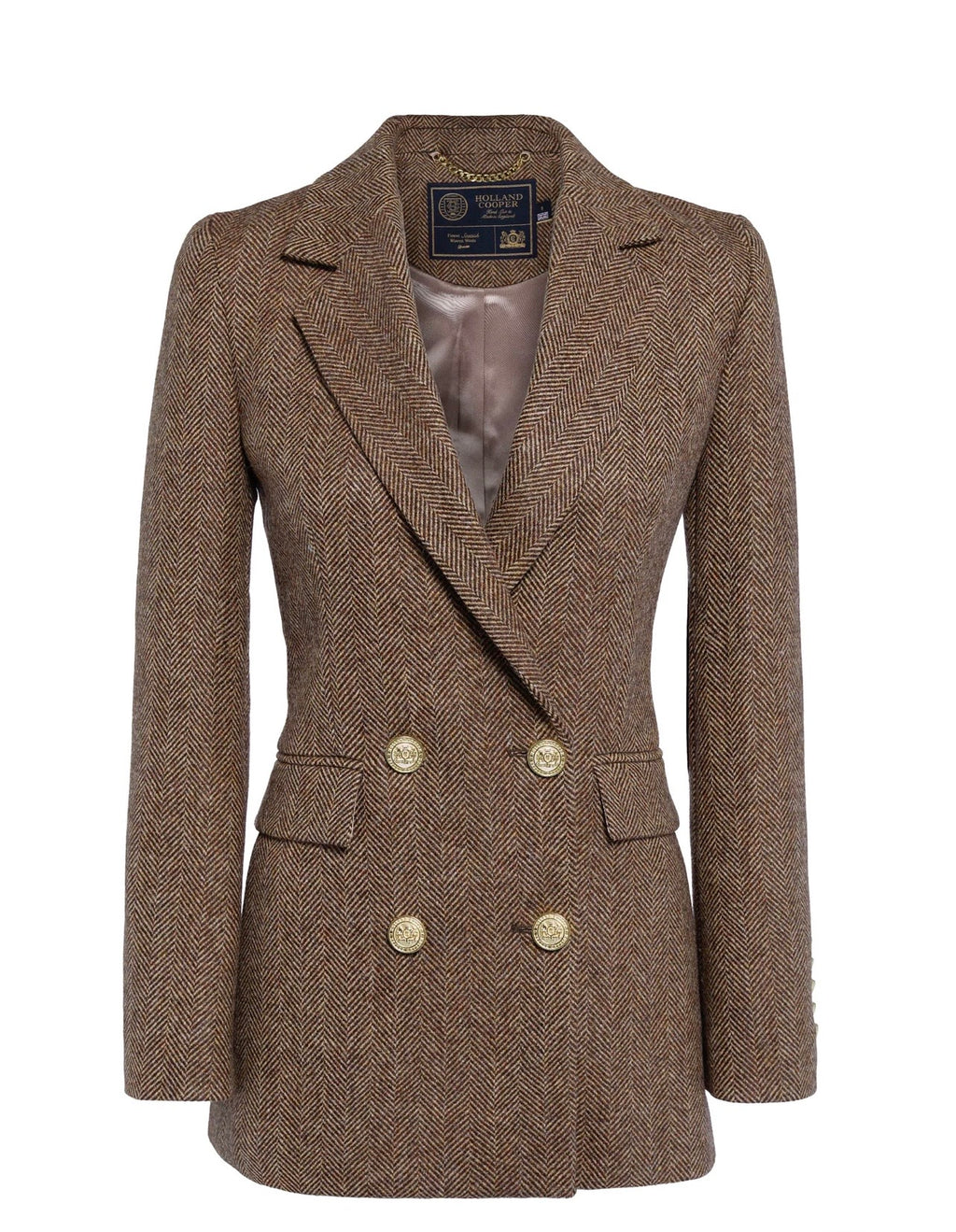 Holland Cooper Double Breasted Blazer Large Scale Brown Herringbone