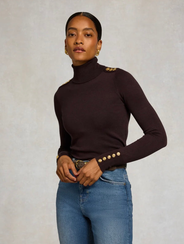 Holland Cooper Buttoned Knit Roll Neck Chocolate