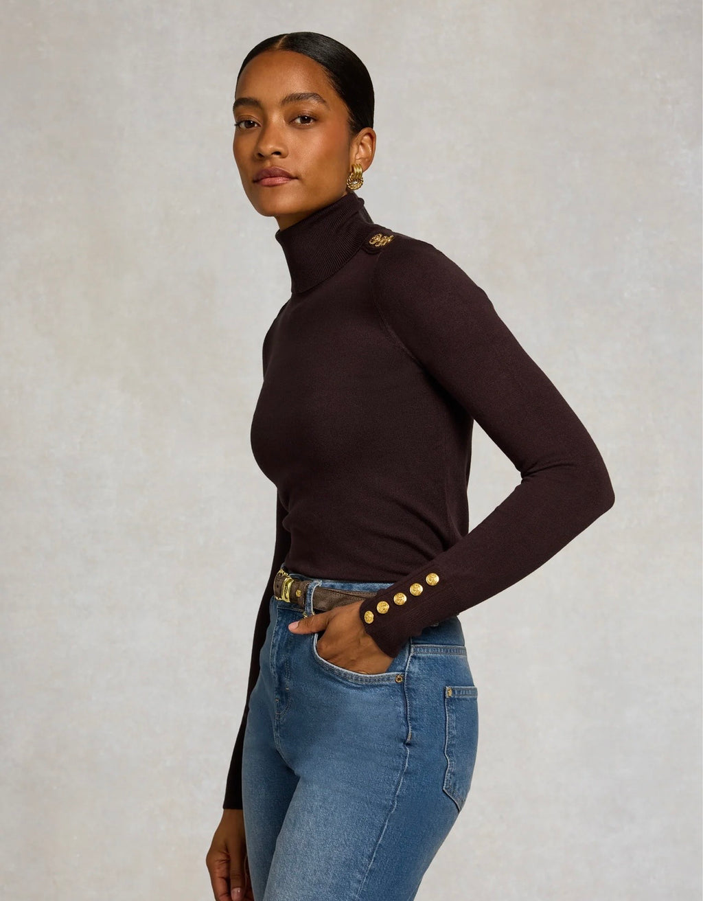 Holland Cooper Buttoned Knit Roll Neck Chocolate