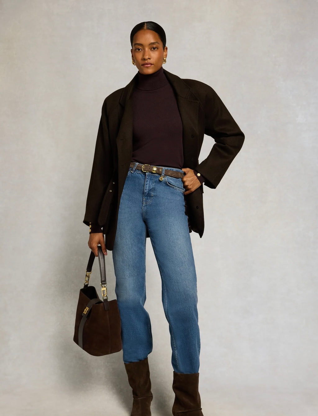 Holland Cooper Buttoned Knit Roll Neck Chocolate