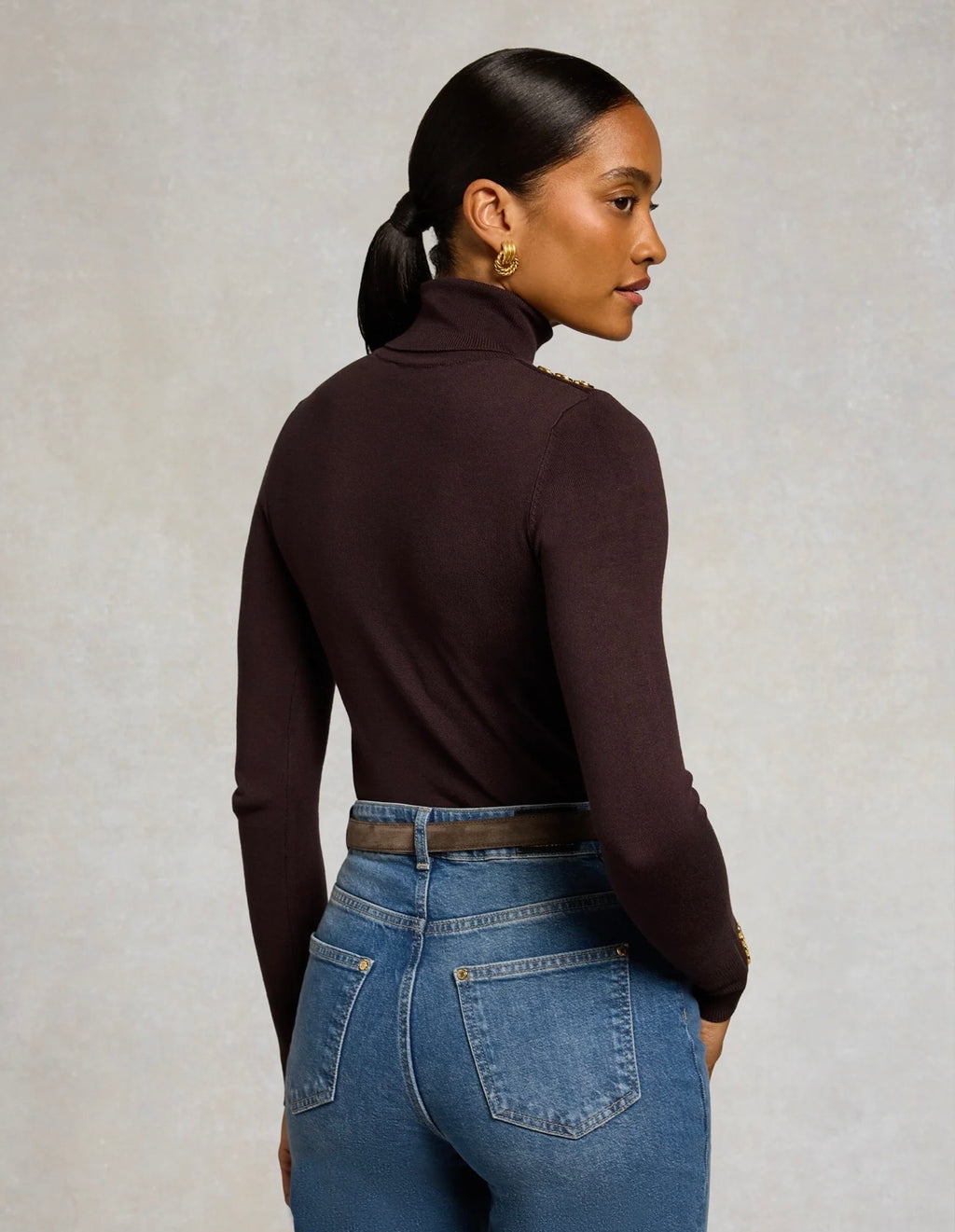 Holland Cooper Buttoned Knit Roll Neck Chocolate