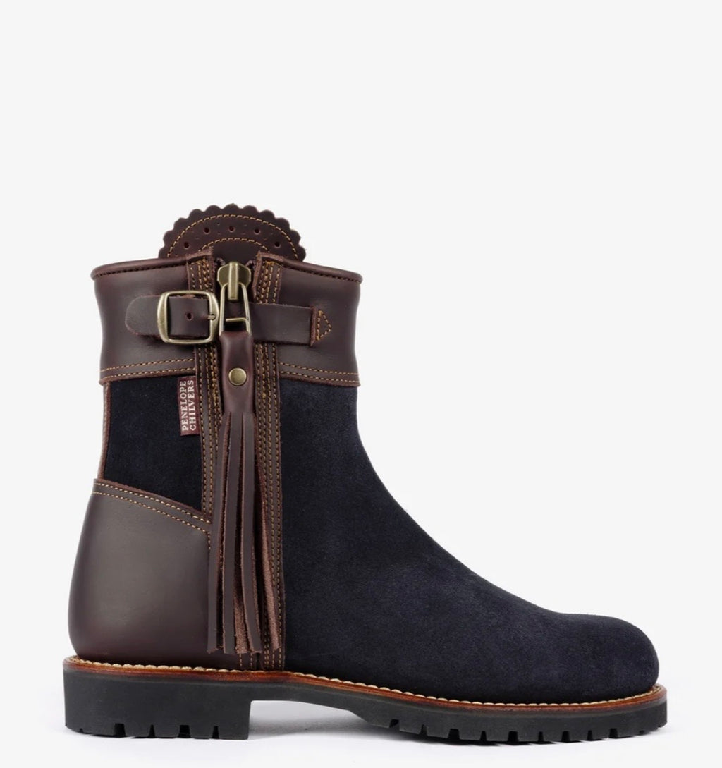 Penelope Chilvers Inclement Cropped Tassel Boot Navy/Dark Brown