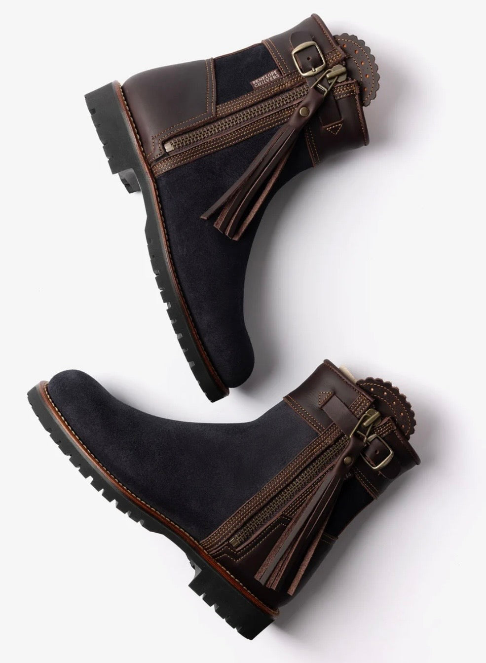 Penelope Chilvers Inclement Cropped Tassel Boot Navy/Dark Brown