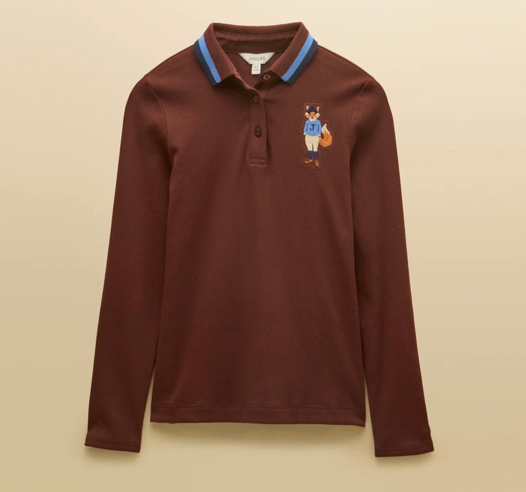 Joules Fairfield Chocolate Brown Jonty Fox Ribbed Long Sleeve Collared Jersey Top