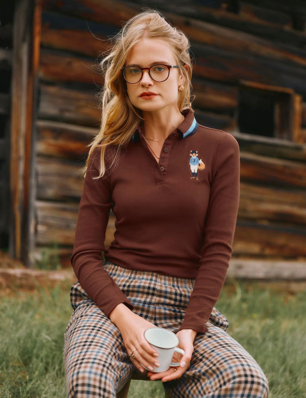 Joules Fairfield Chocolate Brown Jonty Fox Ribbed Long Sleeve Collared Jersey Top