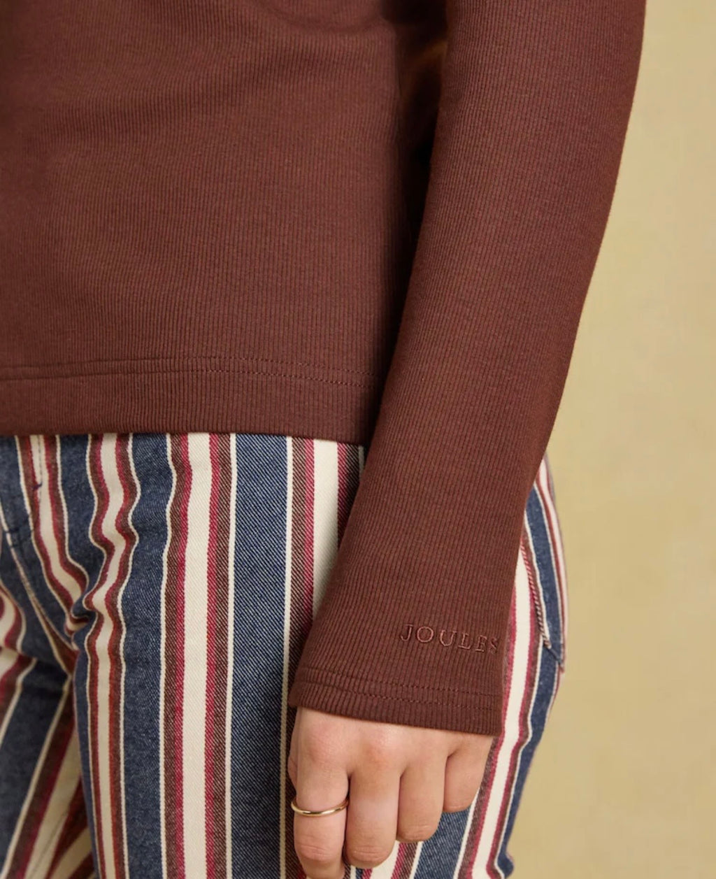 Joules Fairfield Chocolate Brown Jonty Fox Ribbed Long Sleeve Collared Jersey Top