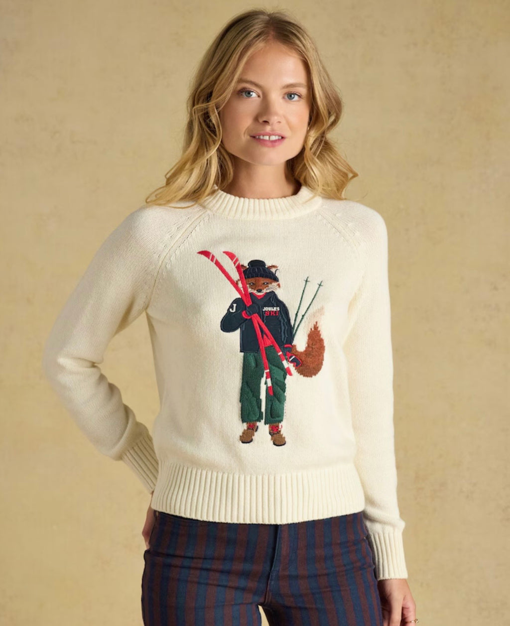 Joules Jonty Fox Skiing Cream Cotton Blend Crew Neck Knitted Jumper