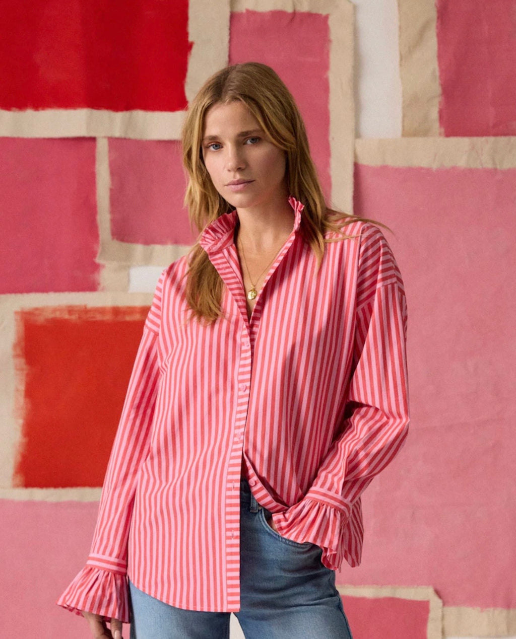 Mae Pink/Red Stripe Relaxed Fit Frill Neck Shirt