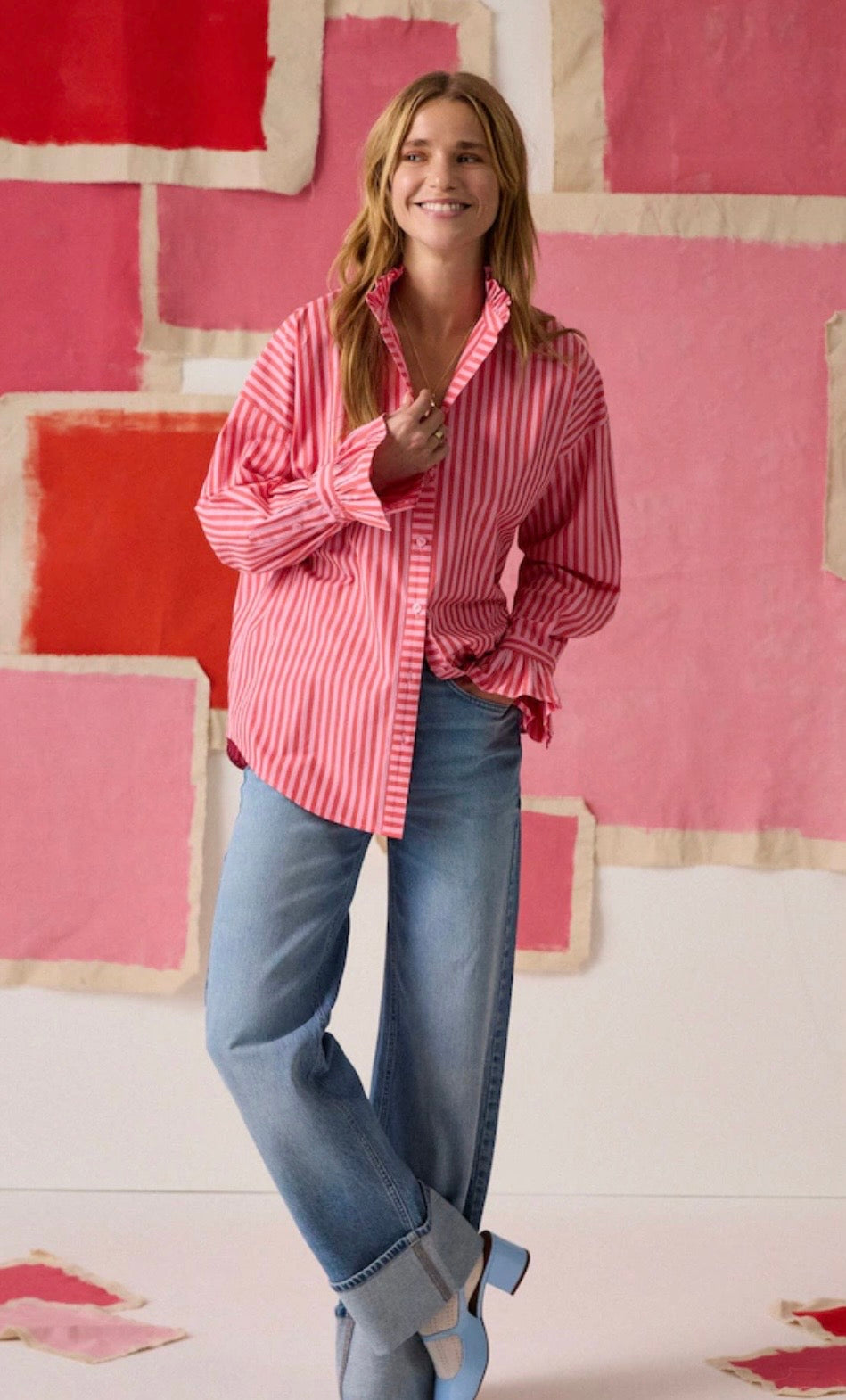 Mae Pink/Red Stripe Relaxed Fit Frill Neck Shirt