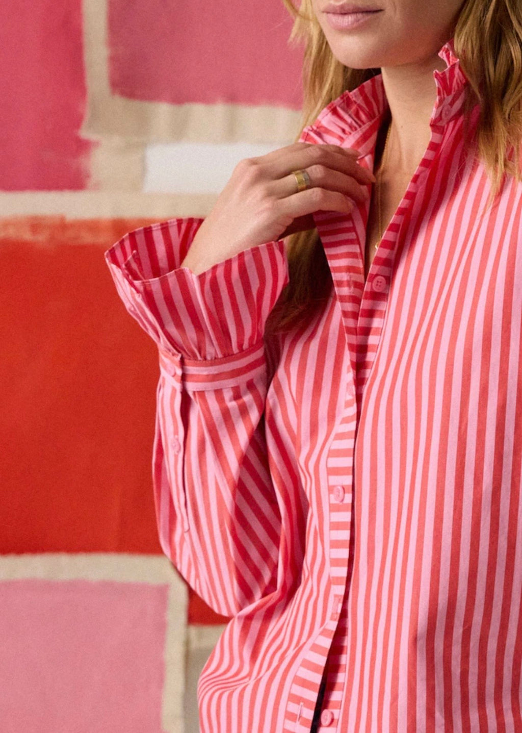 Mae Pink/Red Stripe Relaxed Fit Frill Neck Shirt