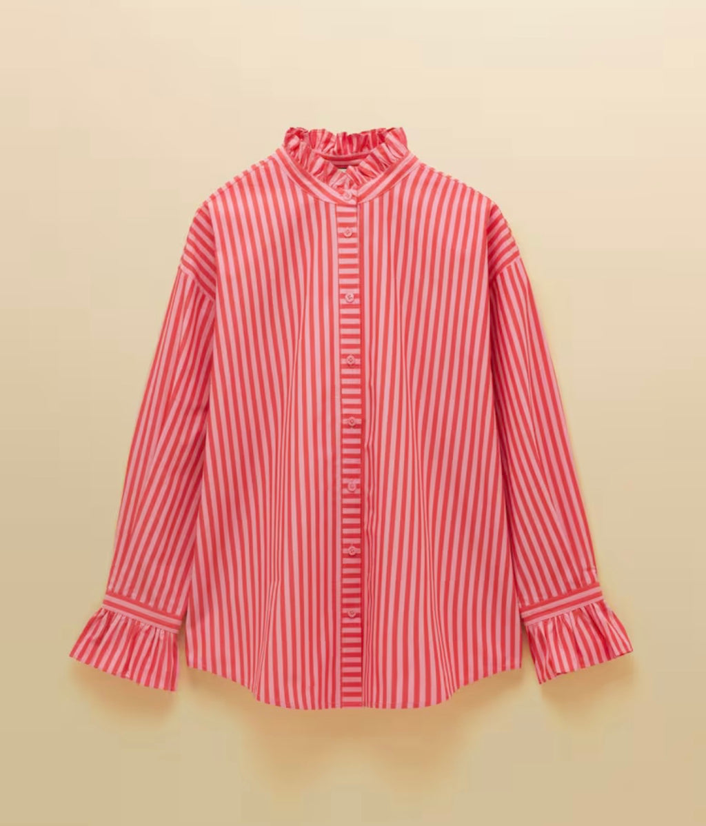 Mae Pink/Red Stripe Relaxed Fit Frill Neck Shirt