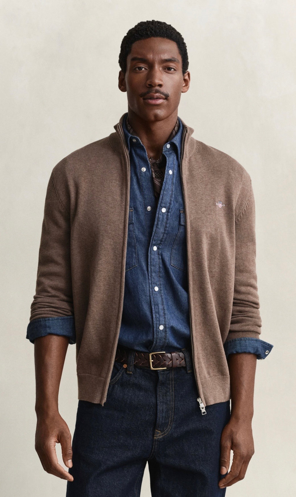 GANT Casual Cotton Zip Cardigan Hazelnut Melange