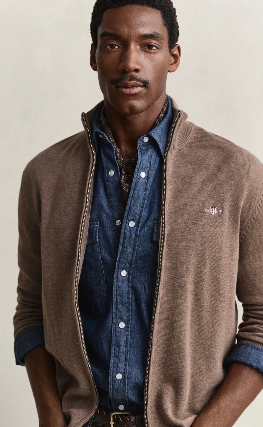 GANT Casual Cotton Zip Cardigan Hazelnut Melange
