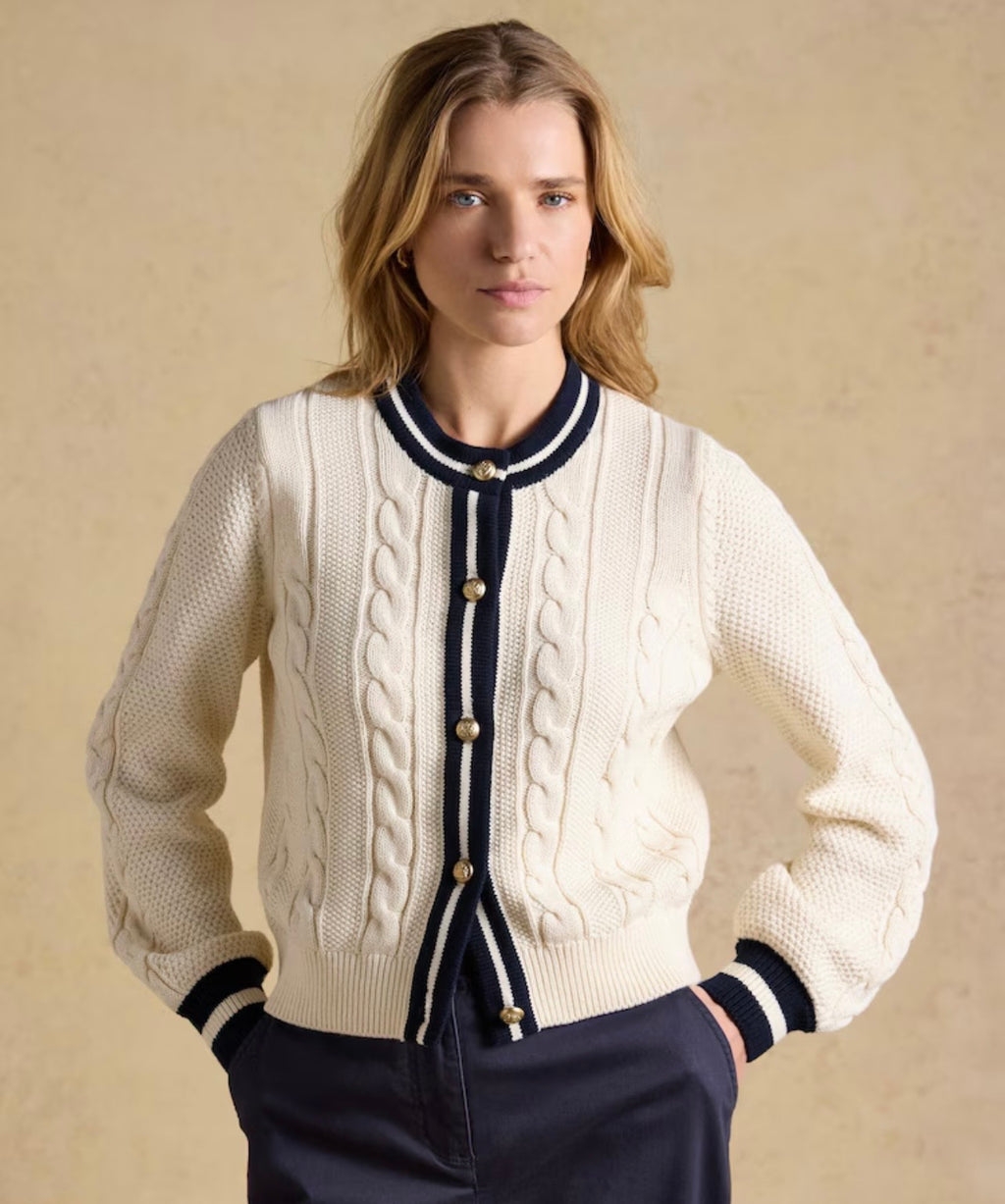 Cream Cotton Cable Knit Cardigan With Crew Neck