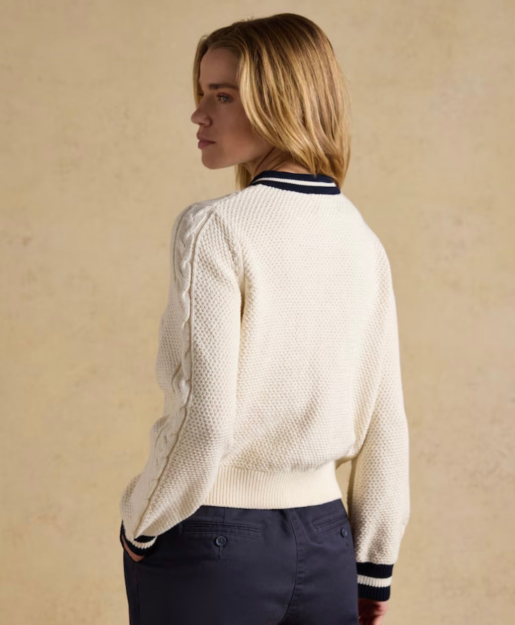 Cream Cotton Cable Knit Cardigan With Crew Neck