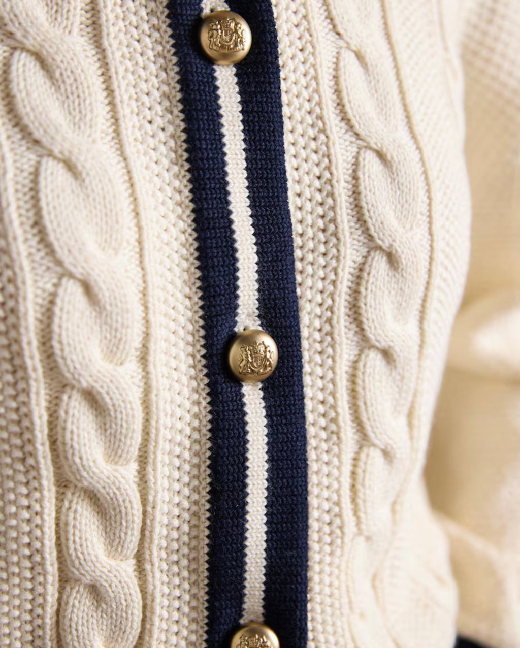 Cream Cotton Cable Knit Cardigan With Crew Neck