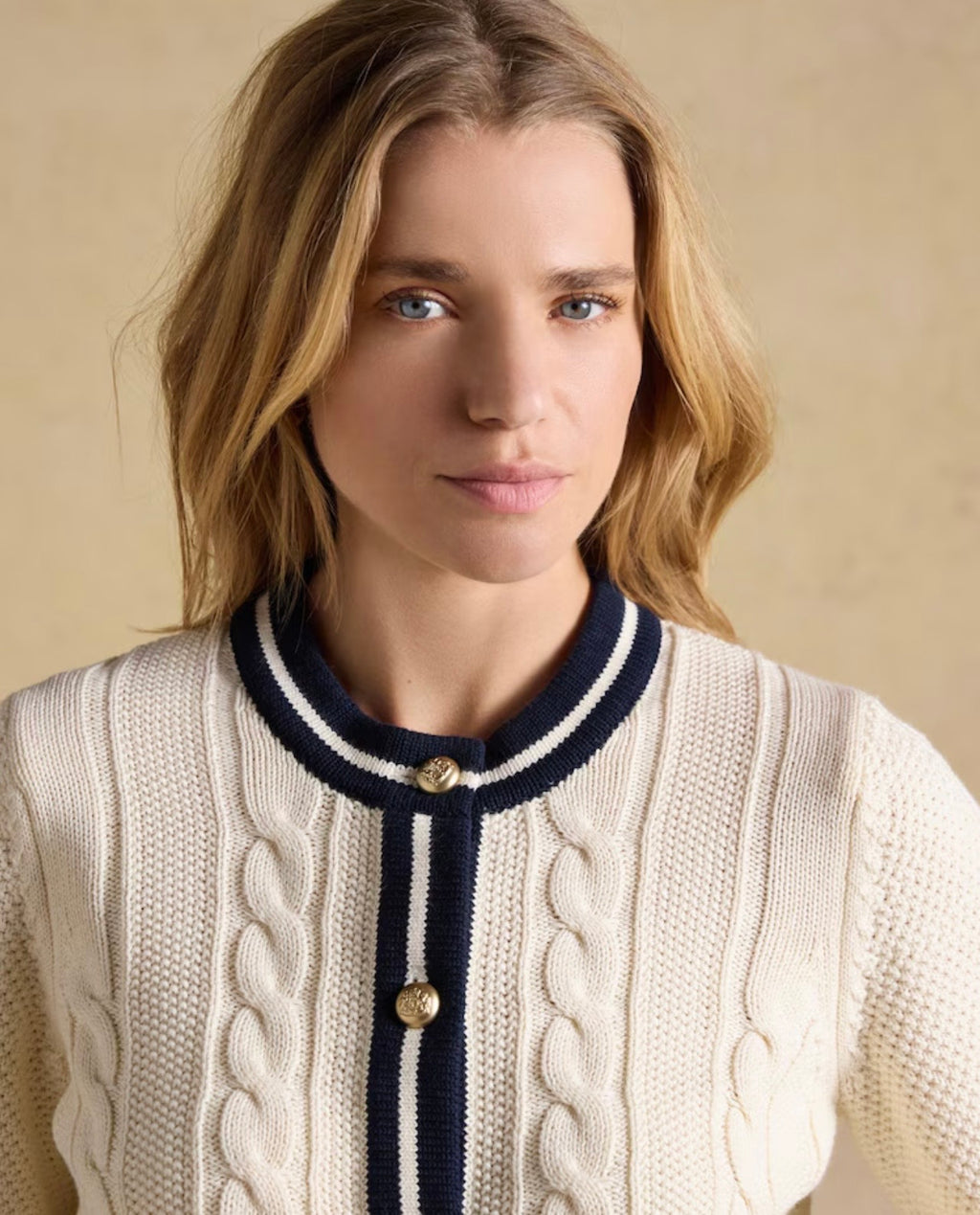 Cream Cotton Cable Knit Cardigan With Crew Neck