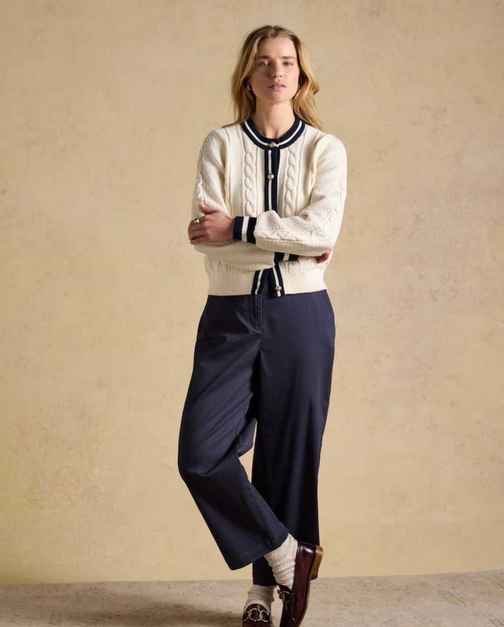 Cream Cotton Cable Knit Cardigan With Crew Neck
