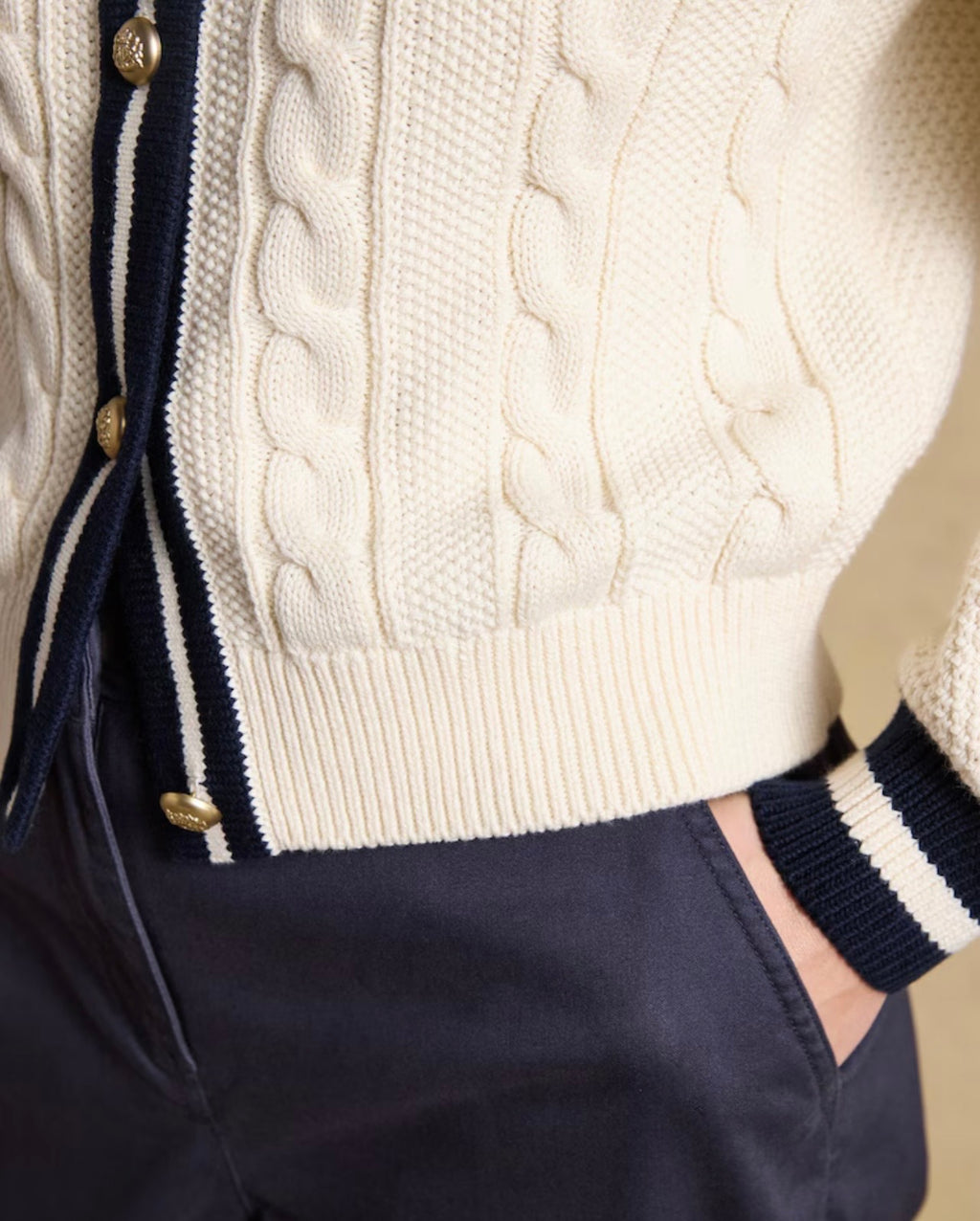 Cream Cotton Cable Knit Cardigan With Crew Neck