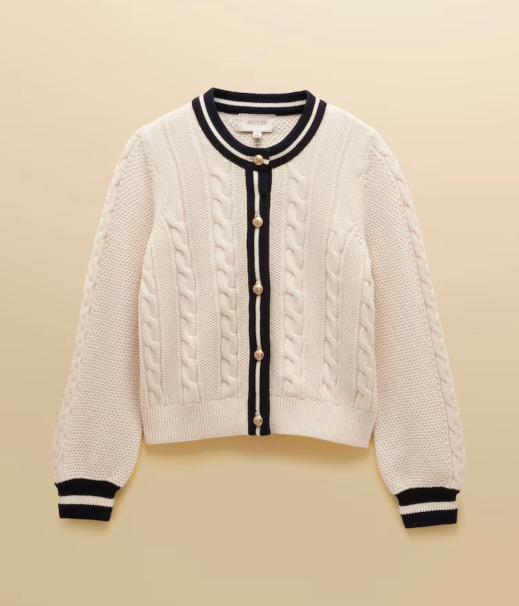 Cream Cotton Cable Knit Cardigan With Crew Neck