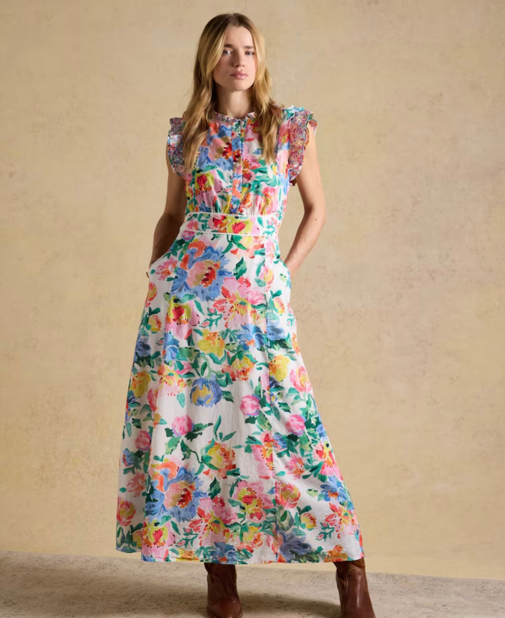 Joules Samantha Multi/White Floral Woven Maxi Dress