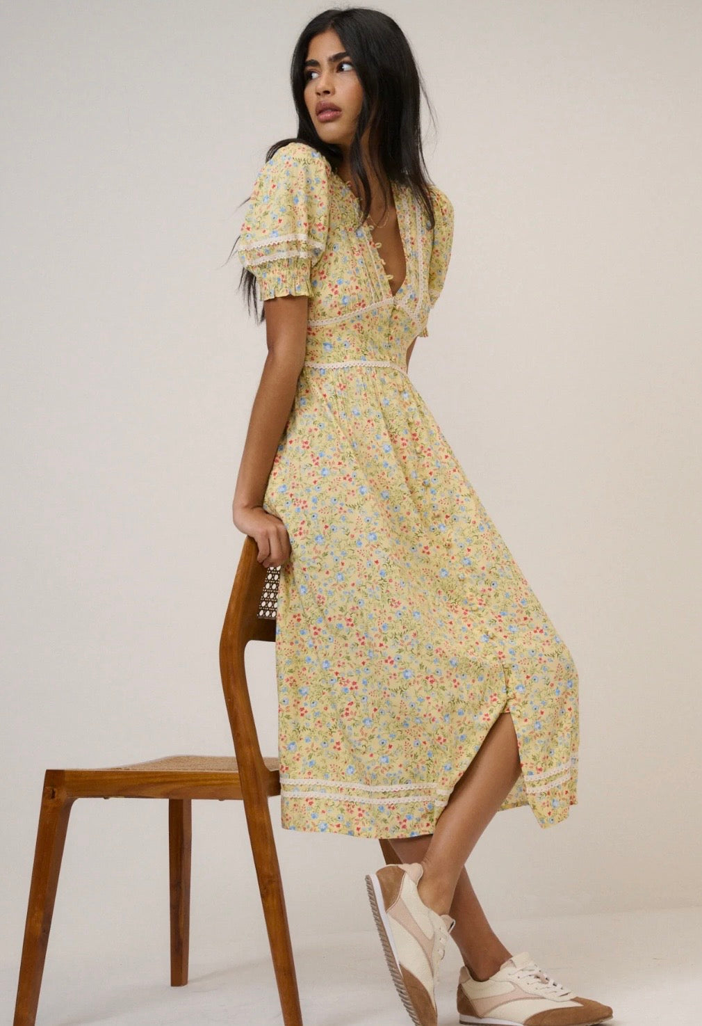 Nobody’s Child Yellow Ditsy Floral Saffy Midi Tea Dress