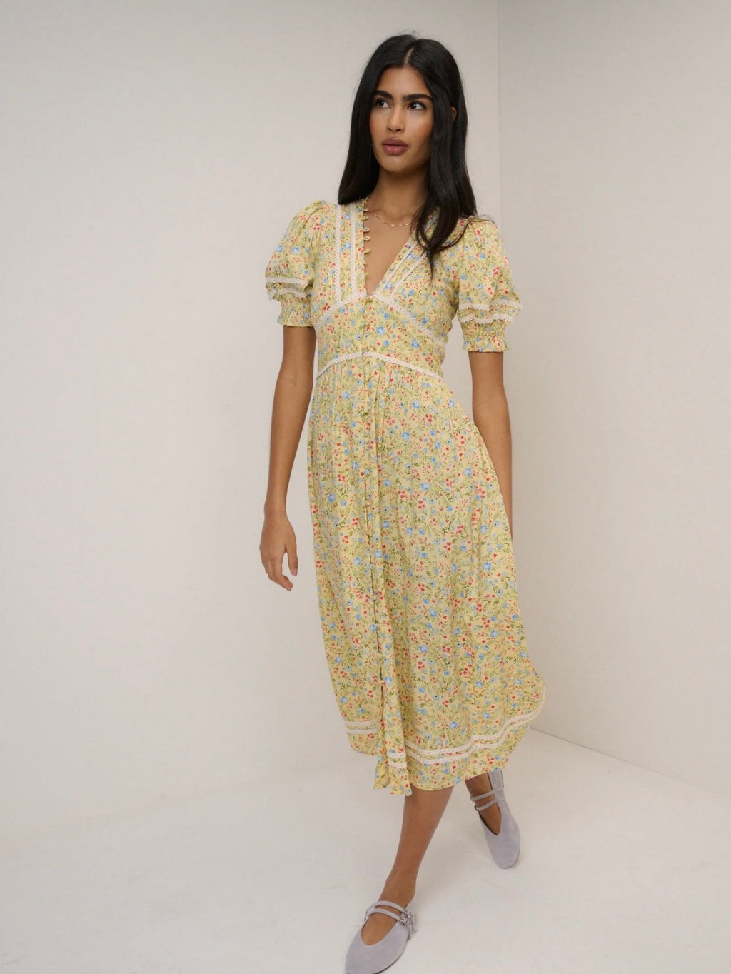 Nobody’s Child Yellow Ditsy Floral Saffy Midi Tea Dress