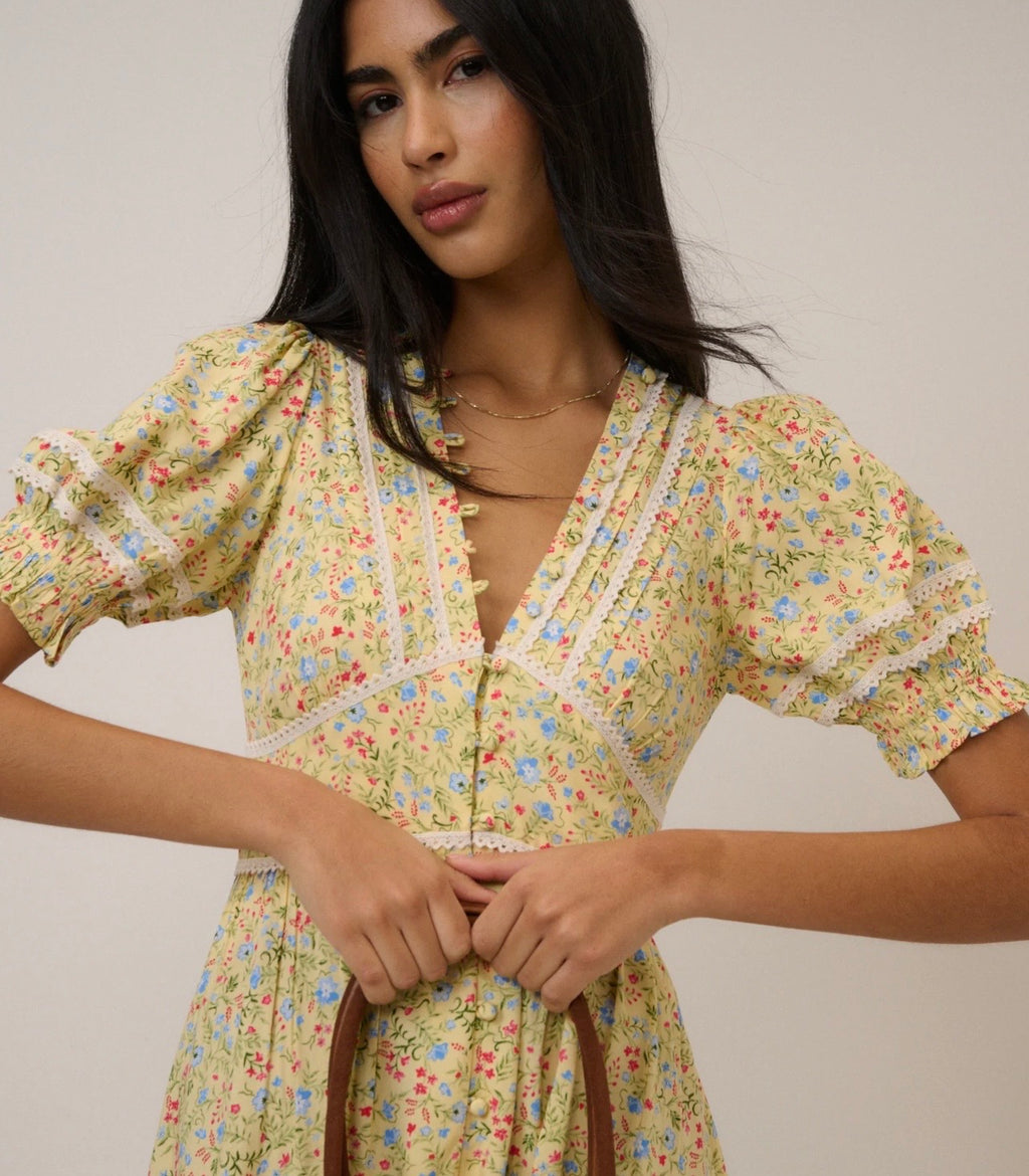 Nobody’s Child Yellow Ditsy Floral Saffy Midi Tea Dress